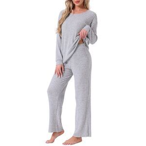 Ribbed Knit 2 Piece Long Sleeve Top and Pants Pajamas Sets Light Grey